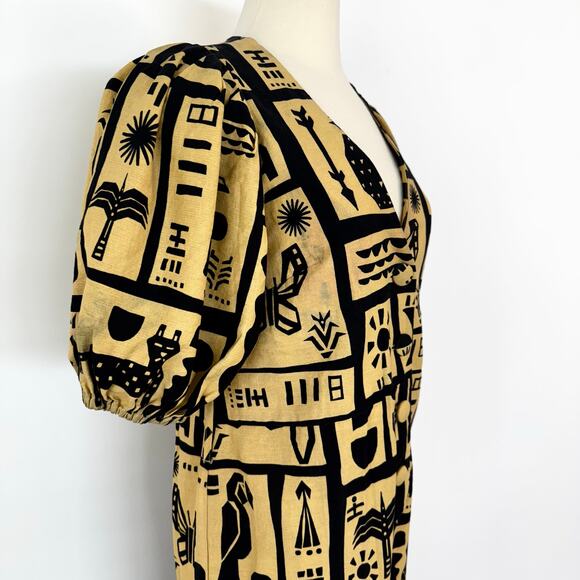 FARM Rio Linen Button-Down Jumpsuit Short Balloon Sleeve Beige/Black S - Picture 8 of 13